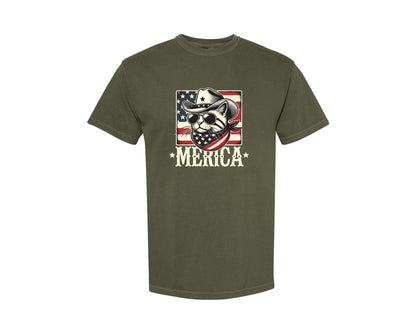 brand:Comfort Colors|color:Sage Green|Merica Cat Patriotic Cowboy Cat Graphic T-Shirt