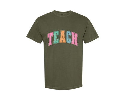 brand:Comfort Colors|color:Sage Green|Teacher Retro Teach Varsity Graphic T-Shirt