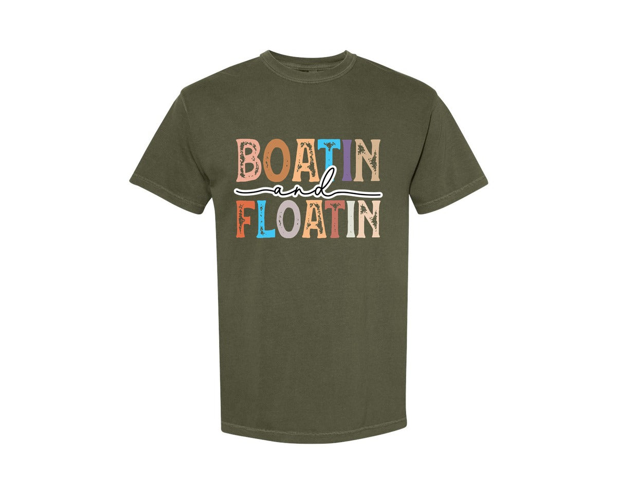 brand:Comfort Colors|color:Sage Green|Boatin And Floatin Summer Lake Vibe Graphic T-Shirt