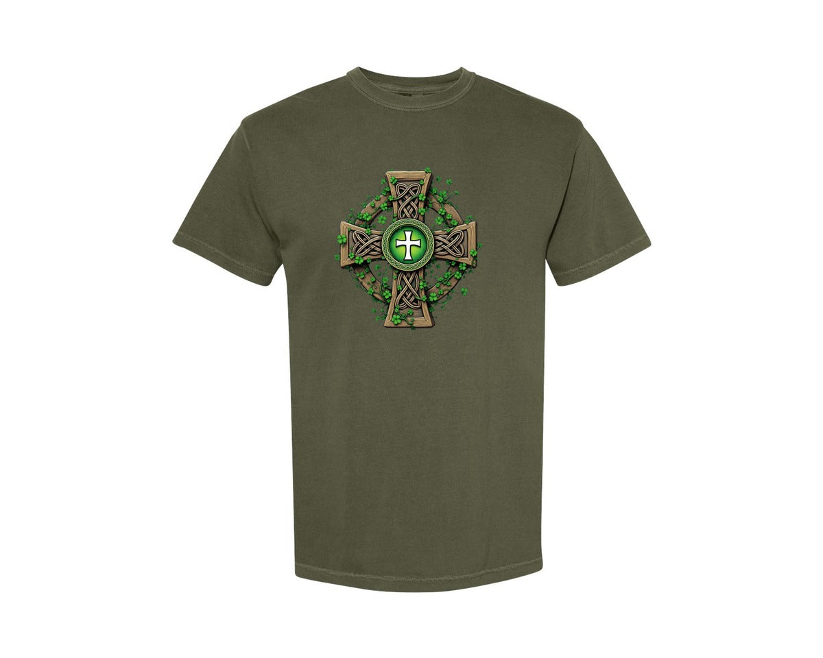brand:Comfort Colors|color:Sage Green|Celtic Cross With Shamrocks Irish Graphic T-Shirt