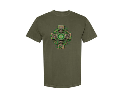 brand:Comfort Colors|color:Sage Green|Celtic Cross With Shamrocks Irish Graphic T-Shirt