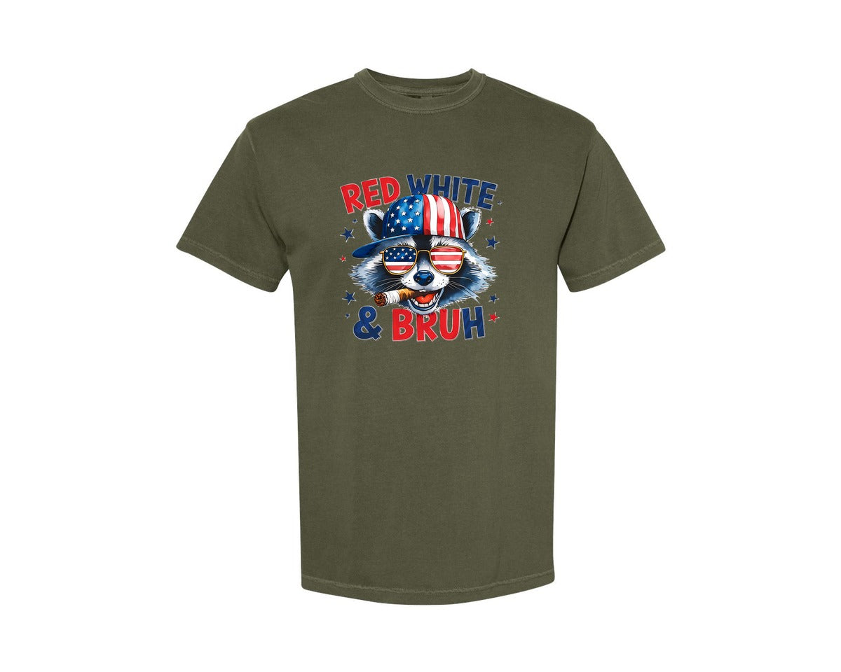 brand:Comfort Colors|color:Sage Green|Red White And Bruh Funny Raccoon Usa Graphic T-Shirt
