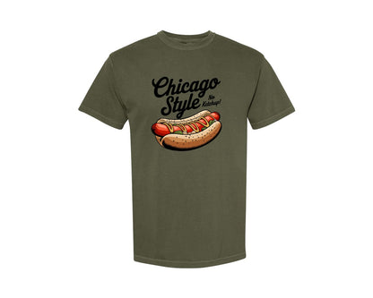 brand:Comfort Colors|color:Sage Green|Chicago Style Hotdog No Ketchup Graphic T-Shirt