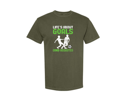 brand:Comfort Colors|color:Sage Green|Lifes About Goals Soccer T Shirt Graphic T-Shirt