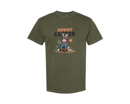 brand:Comfort Colors|color:Sage Green|Howdy Easter Western Cowboy Bunny 2 Graphic T-Shirt