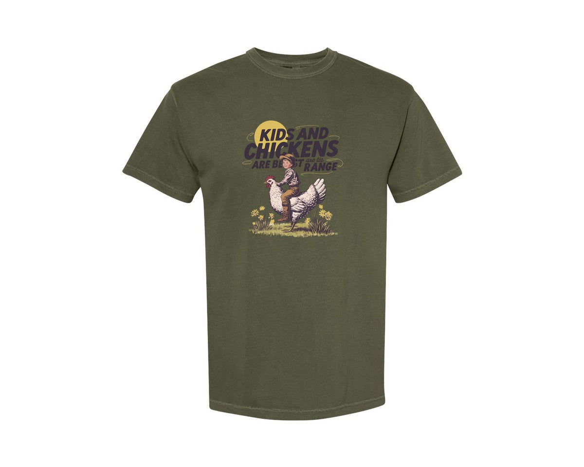 brand:Comfort Colors|color:Sage Green|Kids And Chickens Vintage Farm Graphic T-Shirt
