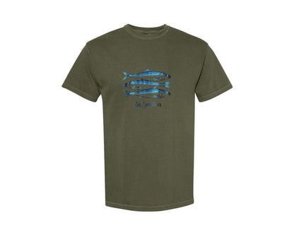 brand:Comfort Colors|color:Sage Green|Les Sardines Tinned Fish Summer Graphic T-Shirt
