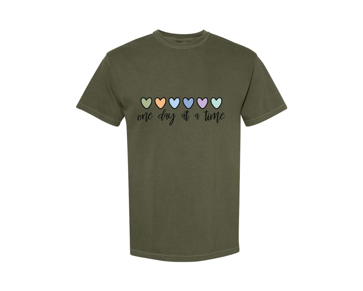 brand:Comfort Colors|color:Sage Green|One Day At A Time Hearts Graphic T-Shirt