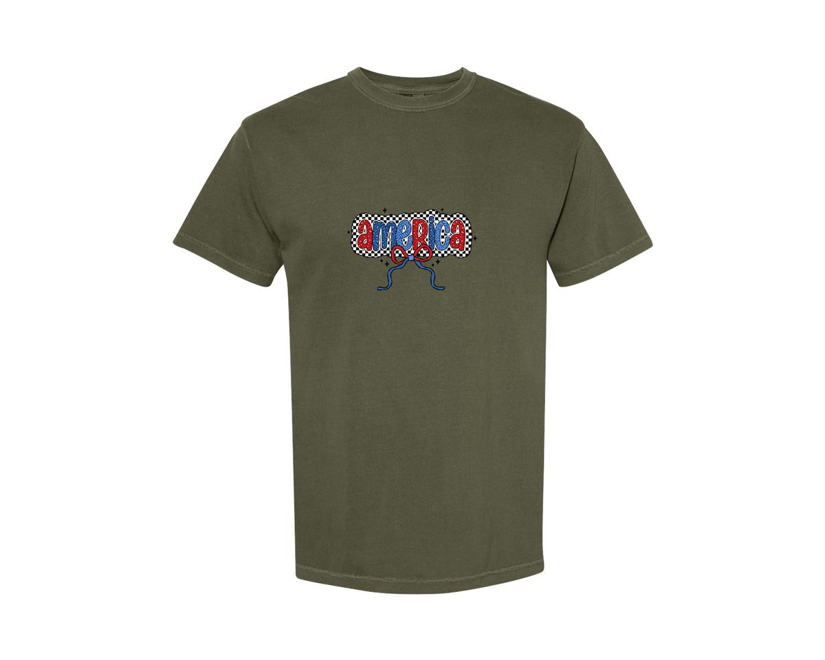 brand:Comfort Colors|color:Sage Green|Coquette America Checkered 4Th July Graphic T-Shirt