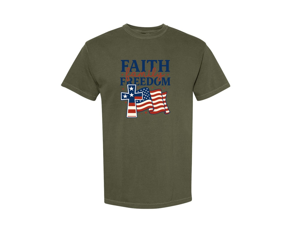 brand:Comfort Colors|color:Sage Green|Faith Family Freedom Png4Th Of July 5 Graphic T-Shirt