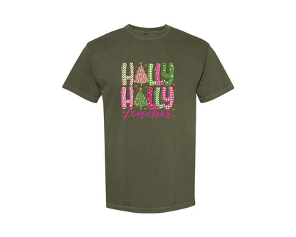 brand:Comfort Colors|color:Sage Green|Holly Jolly Teacher 6 Graphic T-Shirt