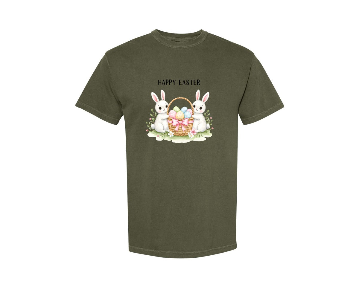 brand:Comfort Colors|color:Sage Green|Happy Easter Bunnies With Basket Cu Graphic T-Shirt