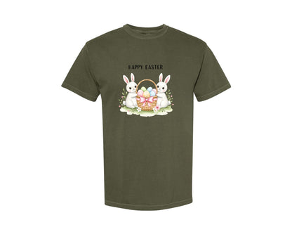 brand:Comfort Colors|color:Sage Green|Happy Easter Bunnies With Basket Cu Graphic T-Shirt