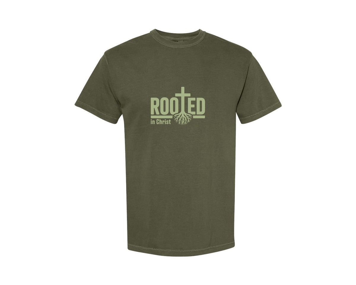 brand:Comfort Colors|color:Sage Green|Rooted In Christ Faith Clip Graphic T-Shirt
