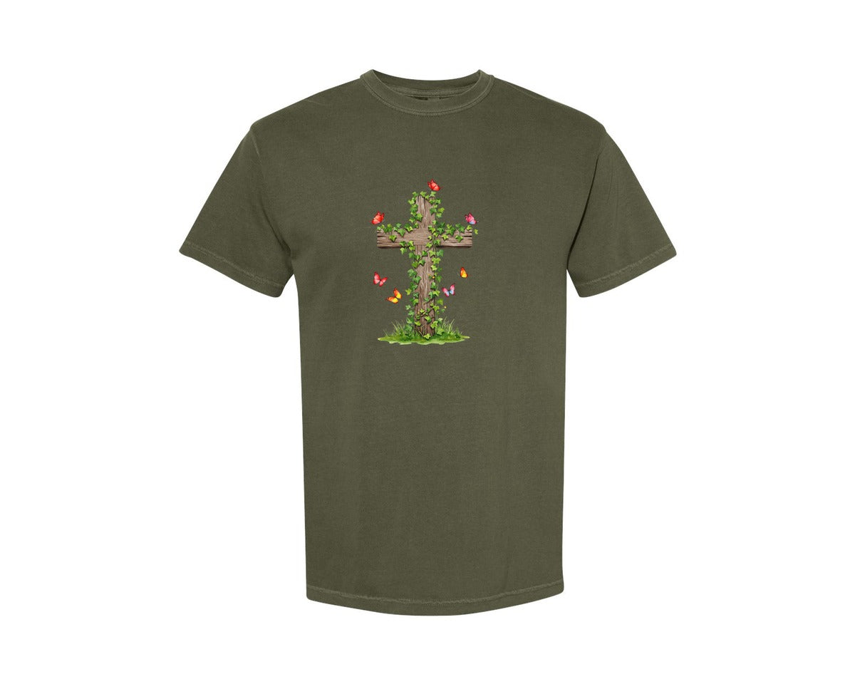 brand:Comfort Colors|color:Sage Green|Wooden Cross Ivy Butterflies Christ Graphic T-Shirt
