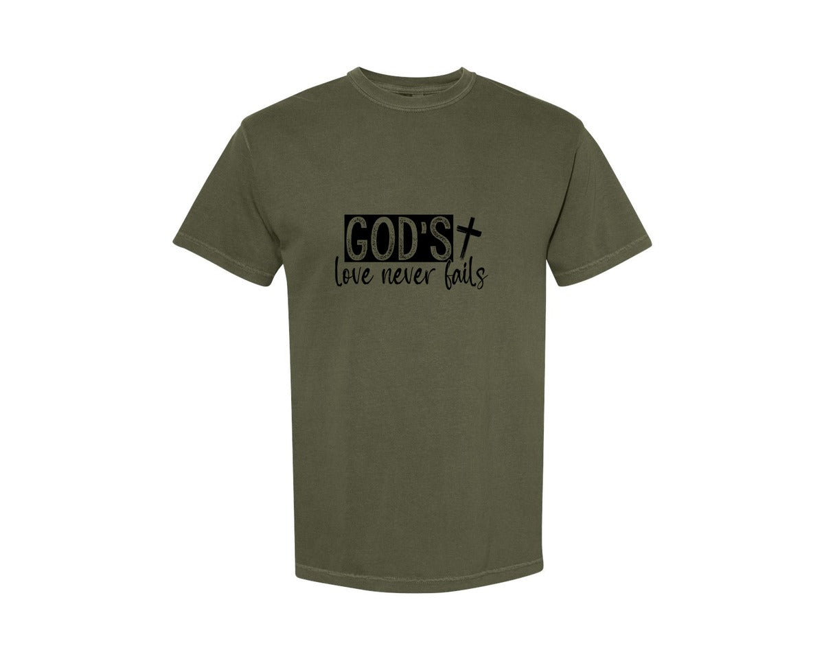 brand:Comfort Colors|color:Sage Green|Gods Love Never Fails Sleeve Design 2 Graphic T-Shirt