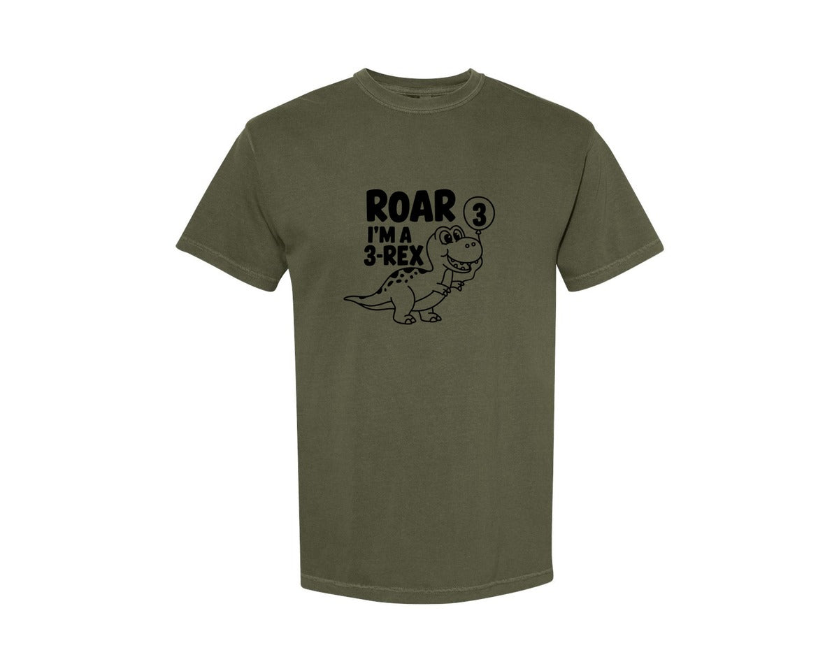 brand:Comfort Colors|color:Sage Green|3 Rex Dinosaur Birthday Graphic T-Shirt