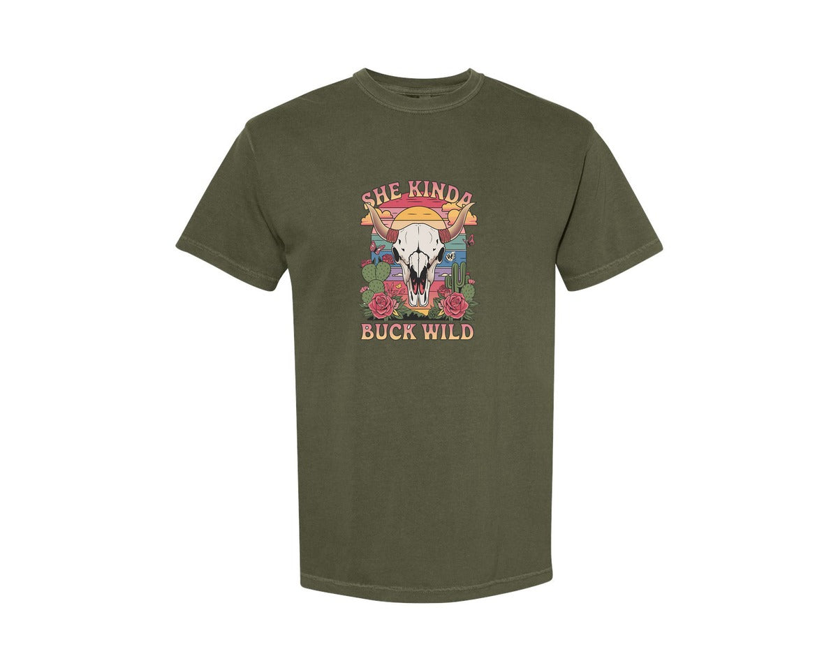 brand:Comfort Colors|color:Sage Green|She Kinda Buck Wild Western Aesthetic 3 Graphic T-Shirt