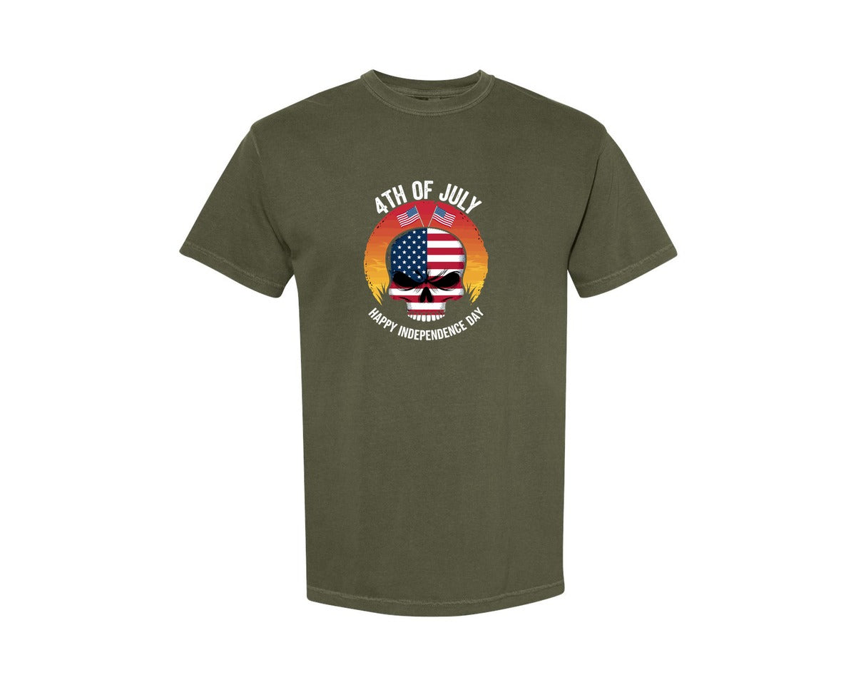 brand:Comfort Colors|color:Sage Green|4Th Of July American Skull Sunset Indepe Graphic T-Shirt