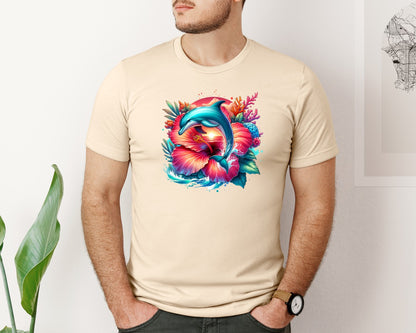 brand:Bella Canvas|color:Soft Cream|Dolphin Tropical Hibiscus Flower Graphic T-Shirt