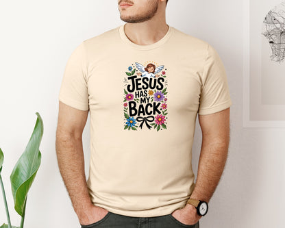 brand:Bella Canvas|color:Soft Cream|Jesus Has My Back Floral Design Sublimat 2 Graphic T-Shirt