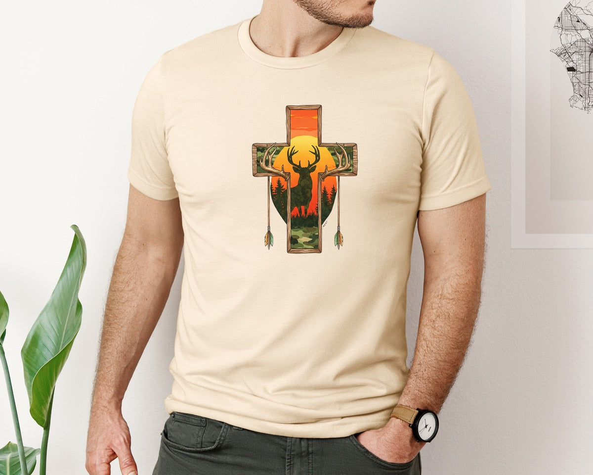 brand:Bella Canvas|color:Soft Cream|Deer Cross Rustic Hunting Cross Sub Graphic T-Shirt