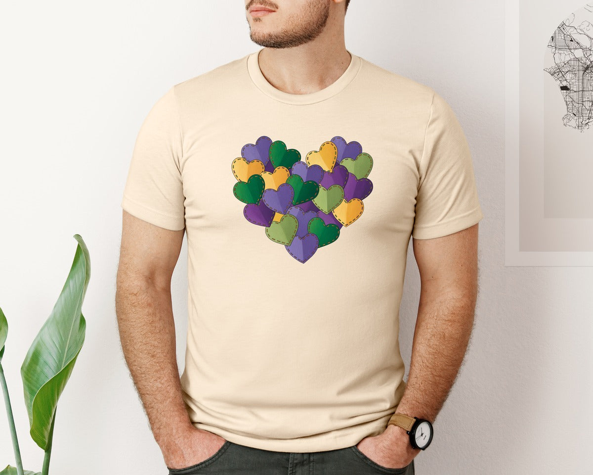 brand:Bella Canvas|color:Soft Cream|Mardi Gras Heart Painted Carnival S Graphic T-Shirt