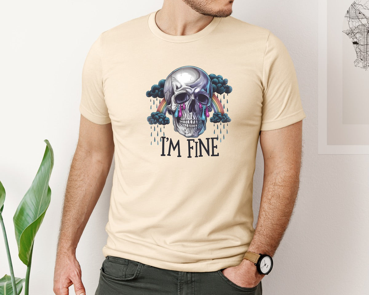 brand:Bella Canvas|color:Soft Cream|Im Fine Skull Rainbow Tears Dark Graphic T-Shirt