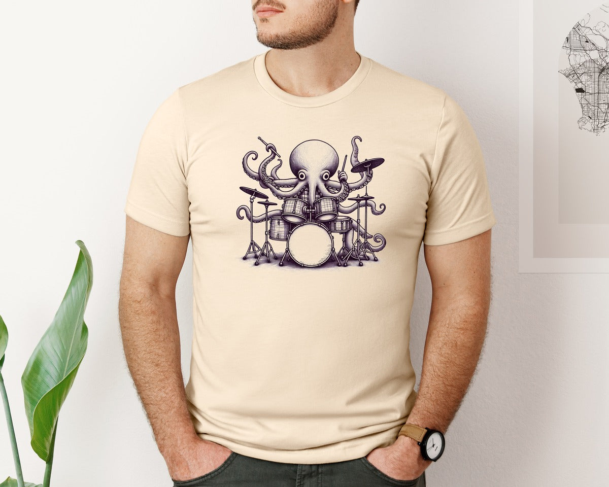 brand:Bella Canvas|color:Soft Cream|Octopus Playing Drums Retro 90S Graphic T-Shirt