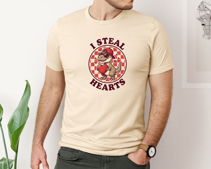 brand:Bella Canvas|color:Soft Cream|I Steal Hearts Cute Valentine Dinosaur Graphic T-Shirt