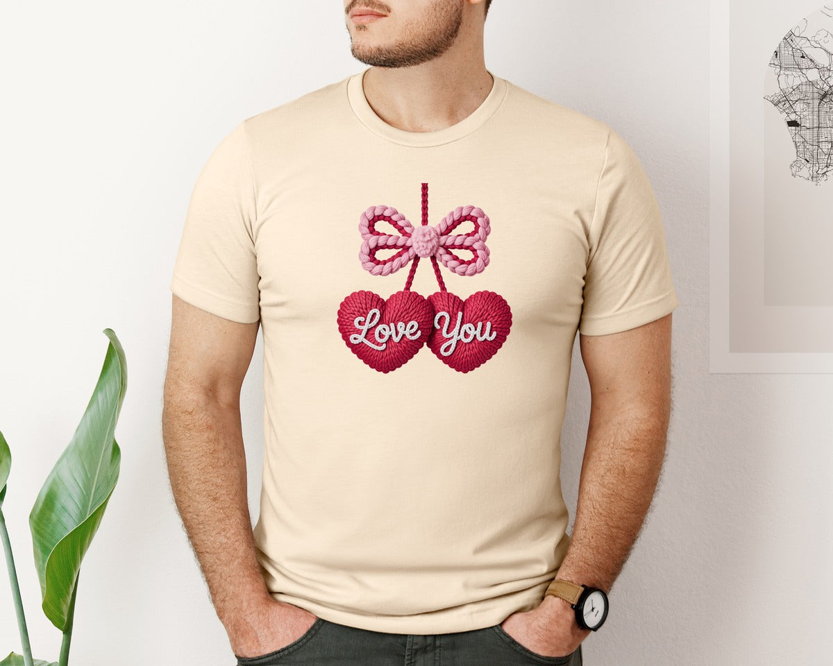 brand:Bella Canvas|color:Soft Cream|Knitted Love You Heart Cherry Design Graphic T-Shirt