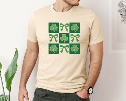 brand:Bella Canvas|color:Soft Cream|Retro Checkered St Patricks Day Bow Graphic T-Shirt