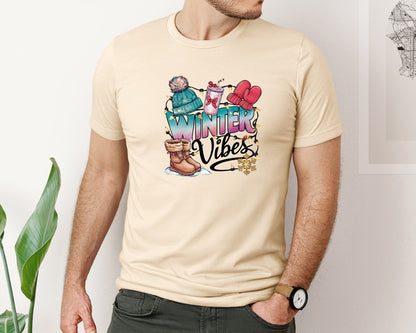 brand:Bella Canvas|color:Soft Cream|Winter Vibes Cozy Holiday Graphic T-Shirt