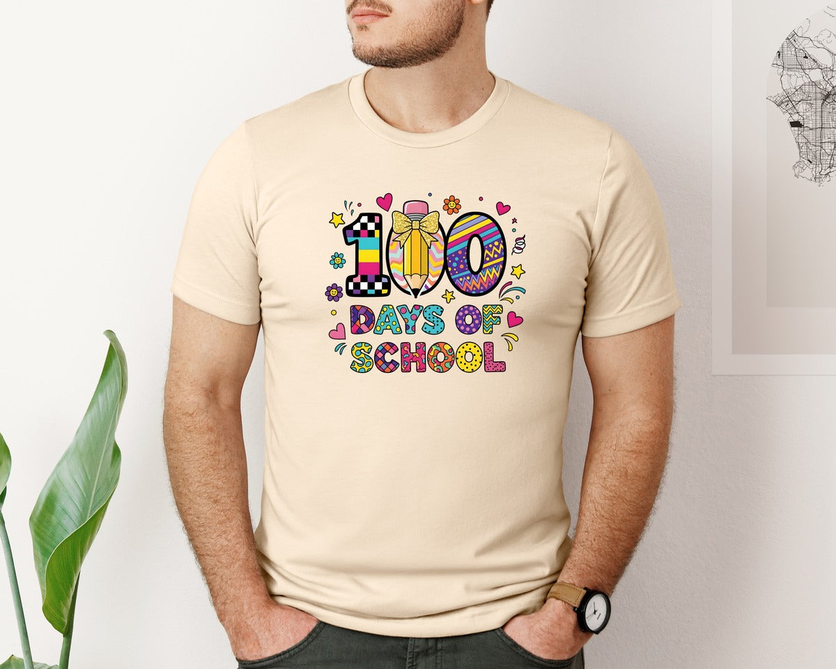 brand:Bella Canvas|color:Soft Cream|Cute Bow Colorful 100 Days School Graphic T-Shirt