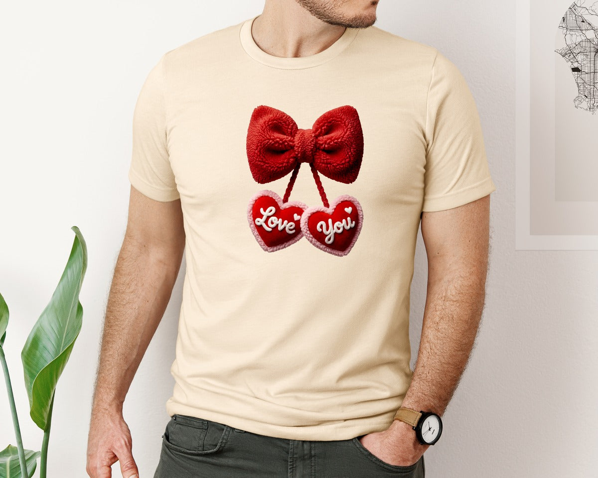 brand:Bella Canvas|color:Soft Cream|Fuzzy Bow With Love You Heart Decor Graphic T-Shirt