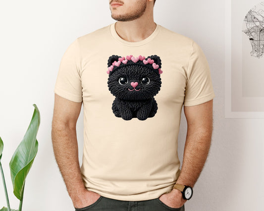 Faux Yarn Knitted Valentine Cat Graphic T-Shirt