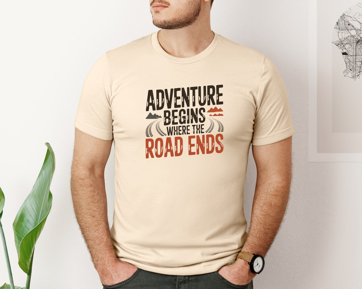 brand:Bella Canvas|color:Soft Cream|Adventure Begins Where The Road Ends Graphic T-Shirt