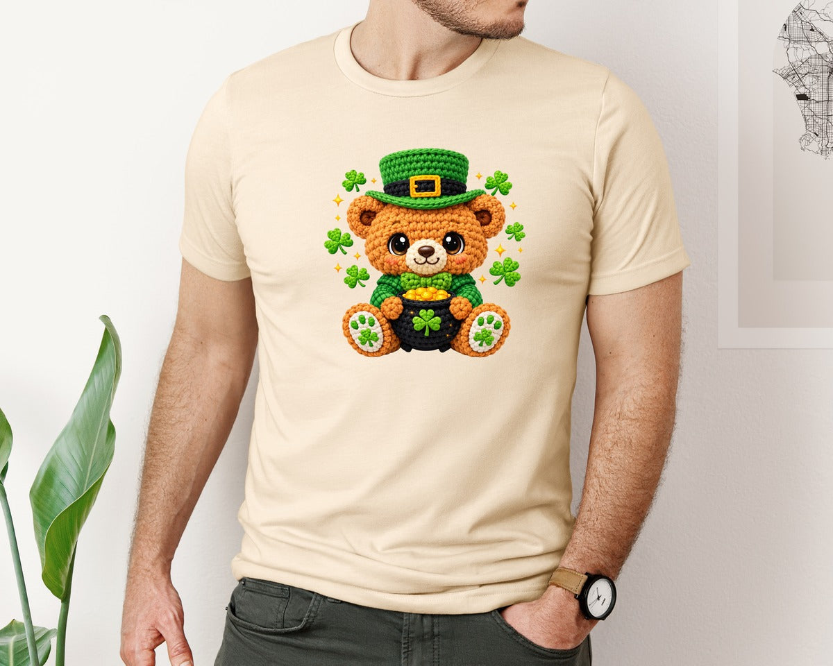 brand:Bella Canvas|color:Soft Cream|Crochet St Patricks Day Teddy Bear Graphic T-Shirt