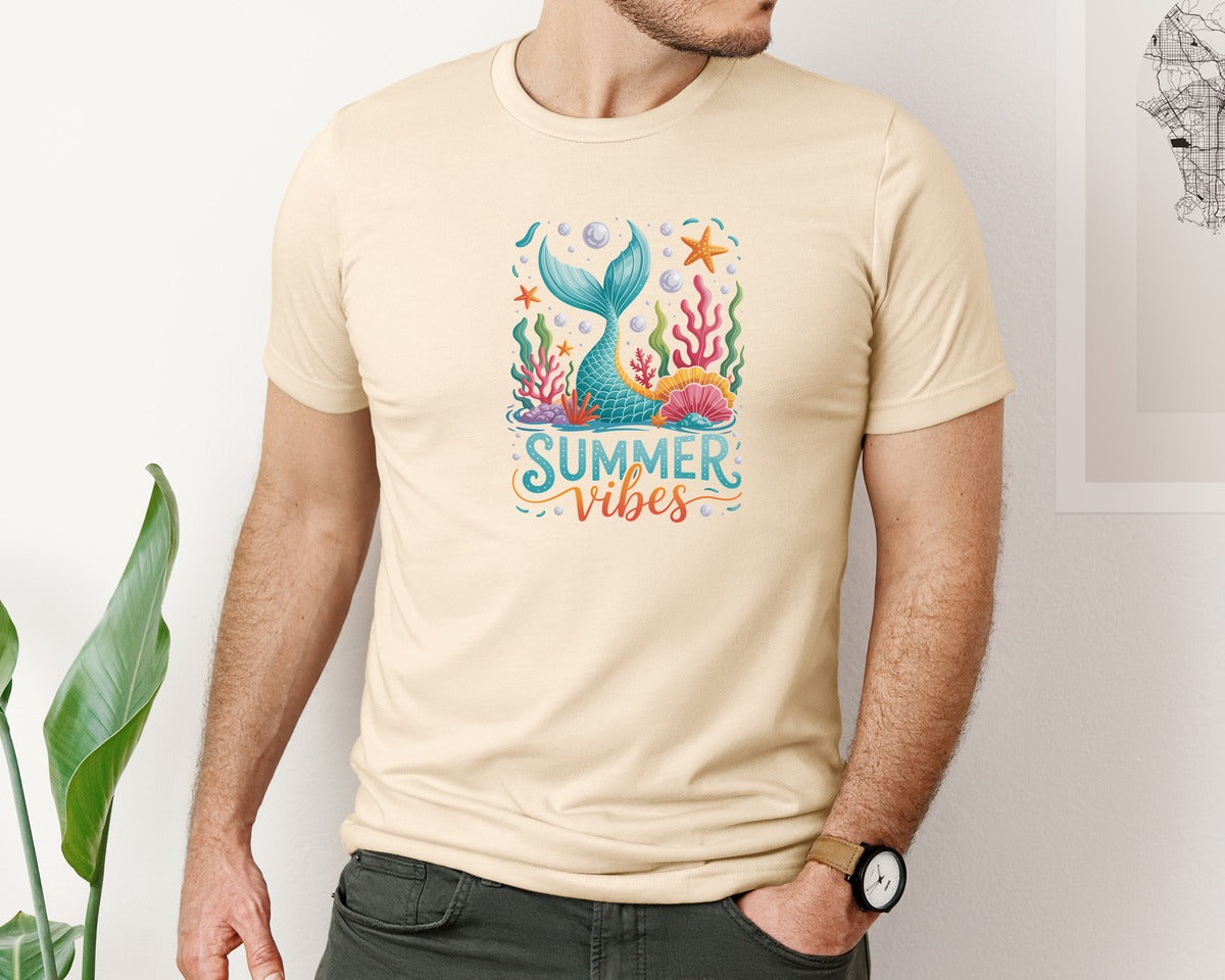 brand:Bella Canvas|color:Soft Cream|Retro Summer Vibes Seashell Mermaid Graphic T-Shirt