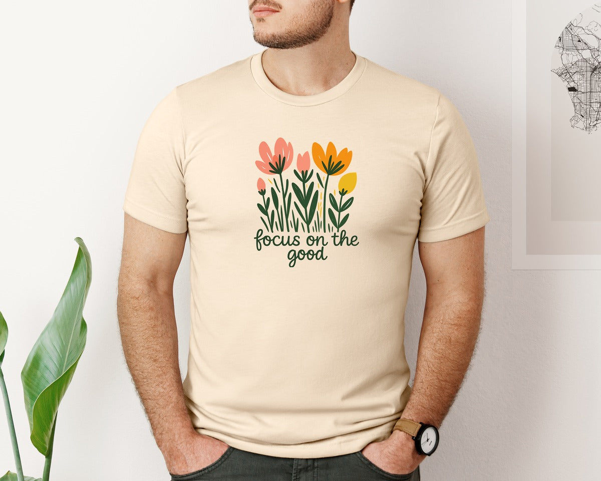 brand:Bella Canvas|color:Soft Cream|Focus On The Good Retro Floral Graphic T-Shirt