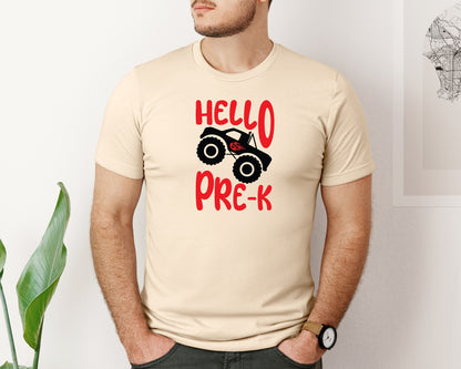brand:Bella Canvas|color:Soft Cream|Hello Pre K Monster Truck Graphic T-Shirt
