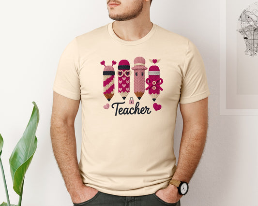 Knitted Teacher Pencils Hearts Shirt Graphic T-Shirt