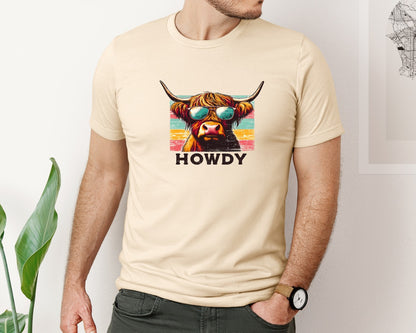 brand:Bella Canvas|color:Soft Cream|Retro Vintage Highland Cow Howdy Graphic T-Shirt