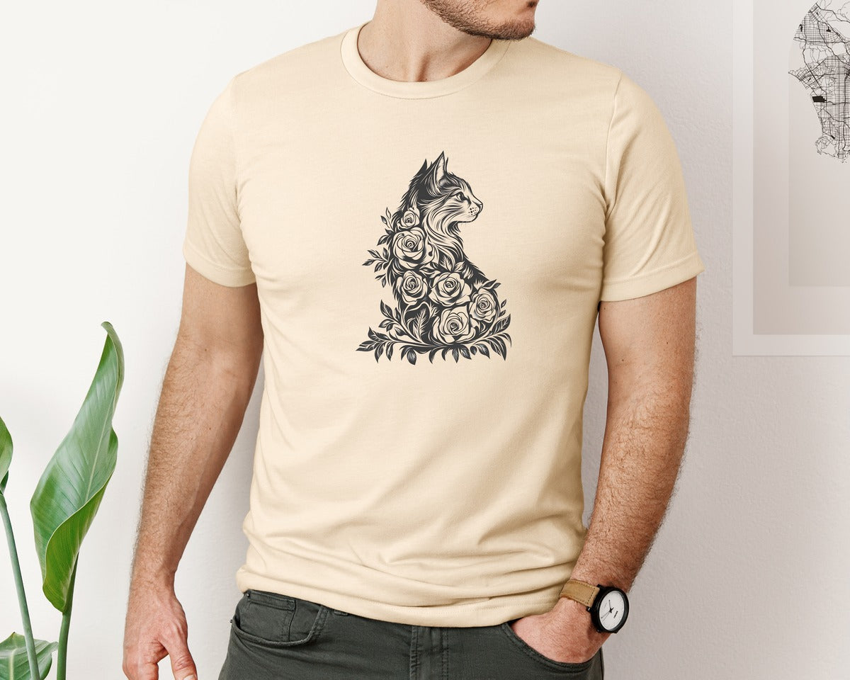 brand:Bella Canvas|color:Soft Cream|Floral Cat Silhouette Graphics Art Graphic T-Shirt