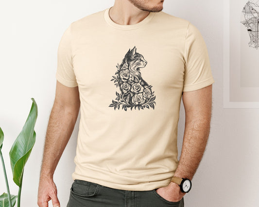 Floral Cat Silhouette Graphics Art Graphic T-Shirt
