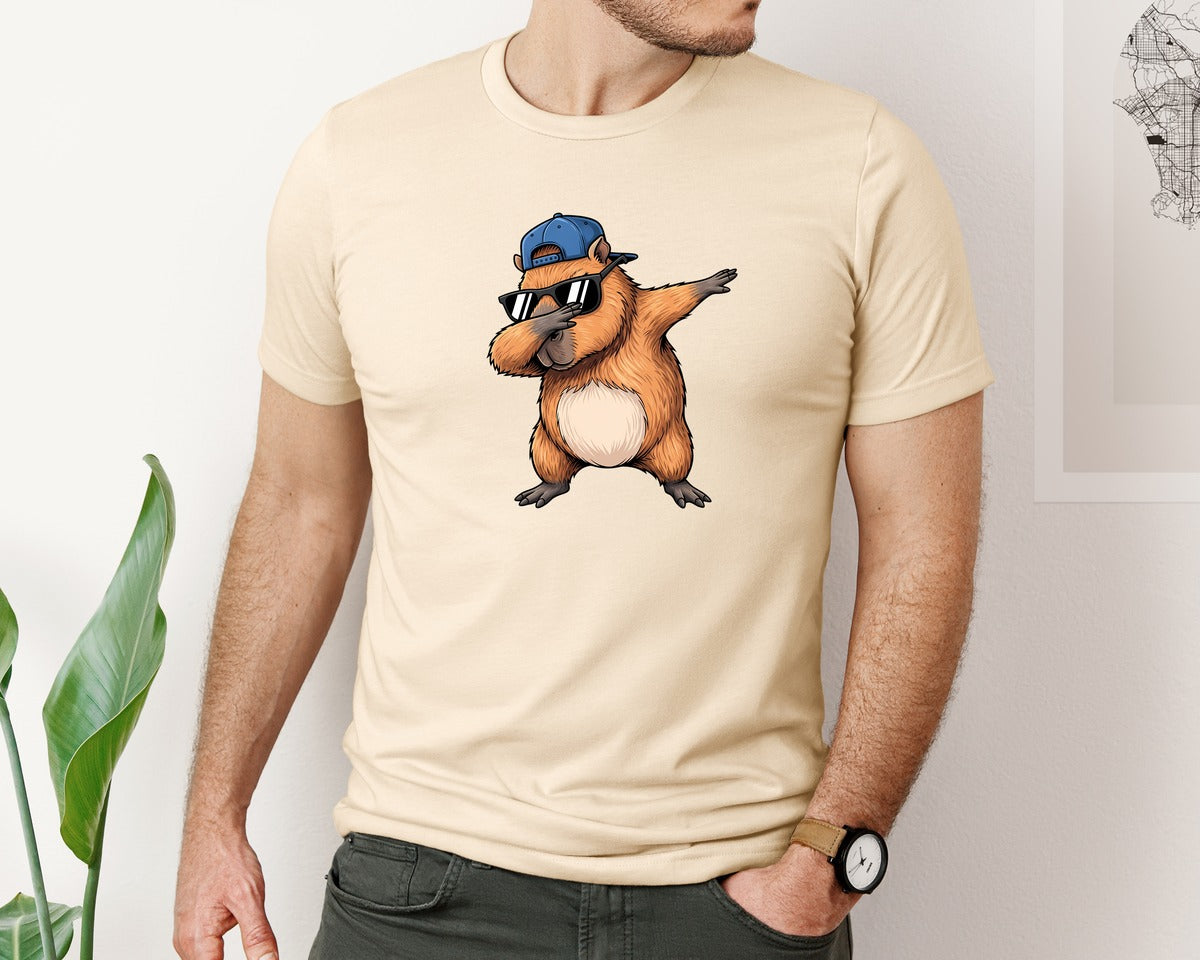brand:Bella Canvas|color:Soft Cream|Cool Dabbing Capybara Sunglasses Graphic T-Shirt