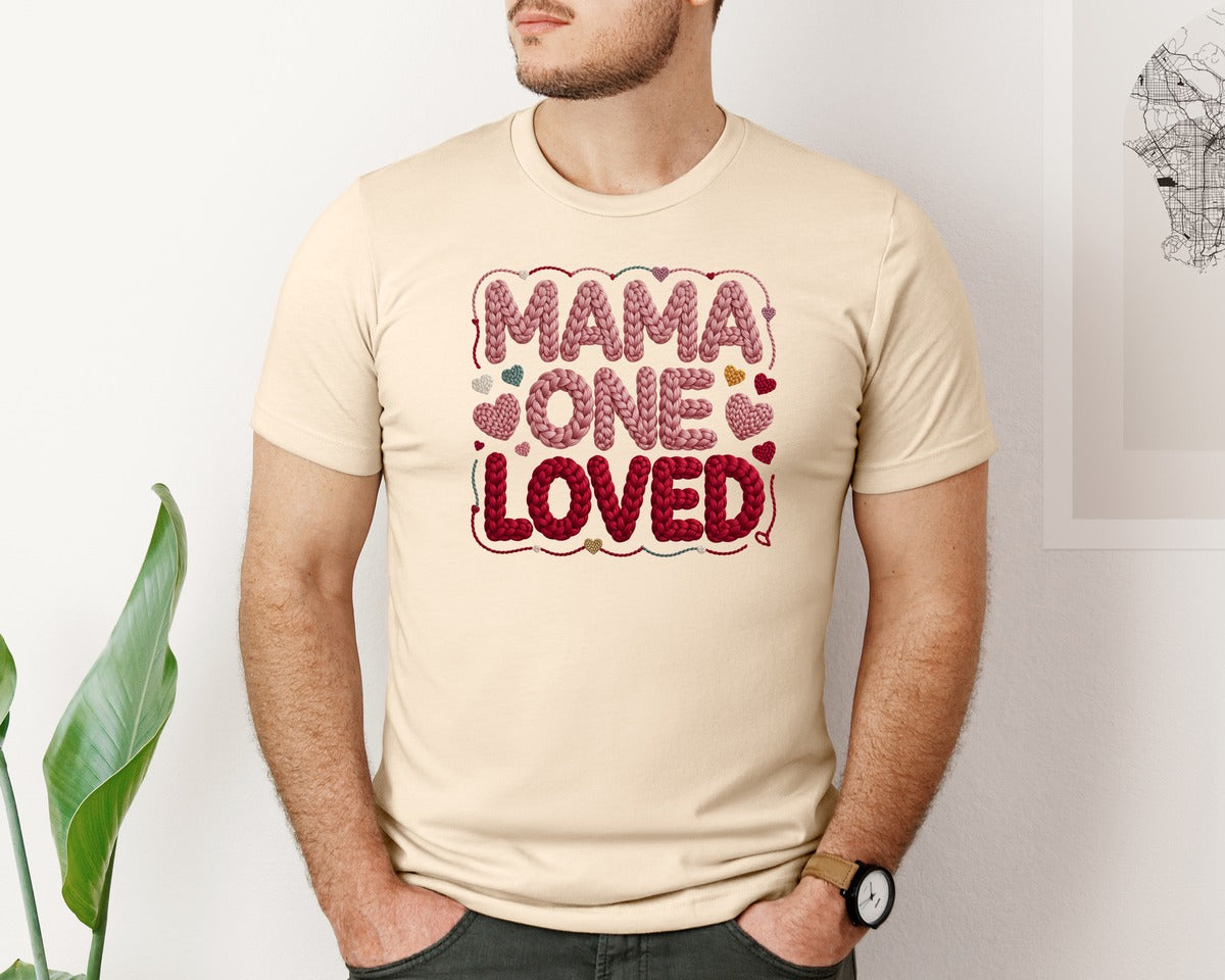 brand:Bella Canvas|color:Soft Cream|Knitted Mama One Loved Heart Mama Graphic T-Shirt