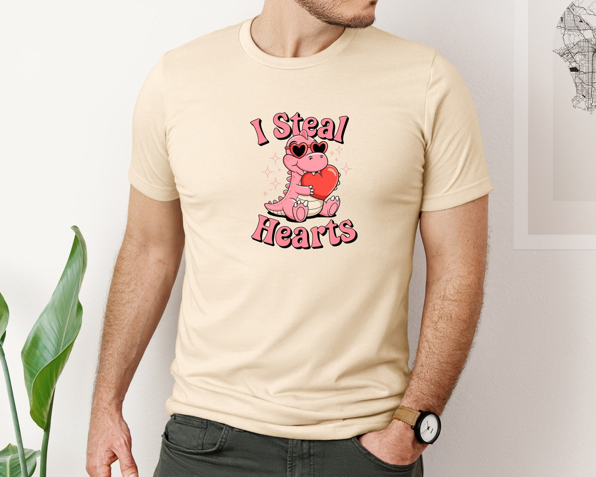 brand:Bella Canvas|color:Soft Cream|I Steal Hearts Rawr Valentines Day 2 Graphic T-Shirt