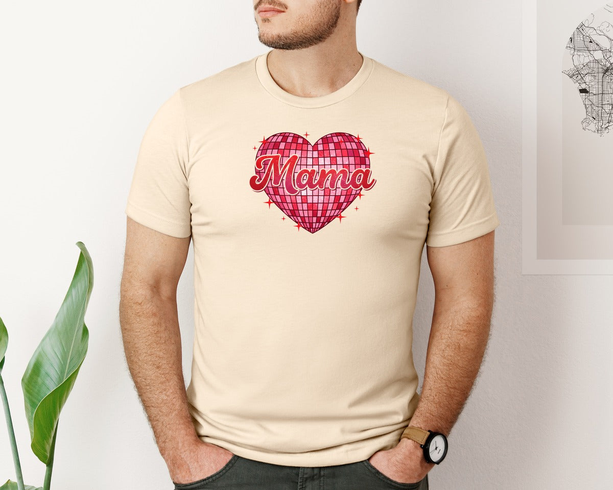 brand:Bella Canvas|color:Soft Cream|Mama Disco Heart Valentines Day Graphic T-Shirt