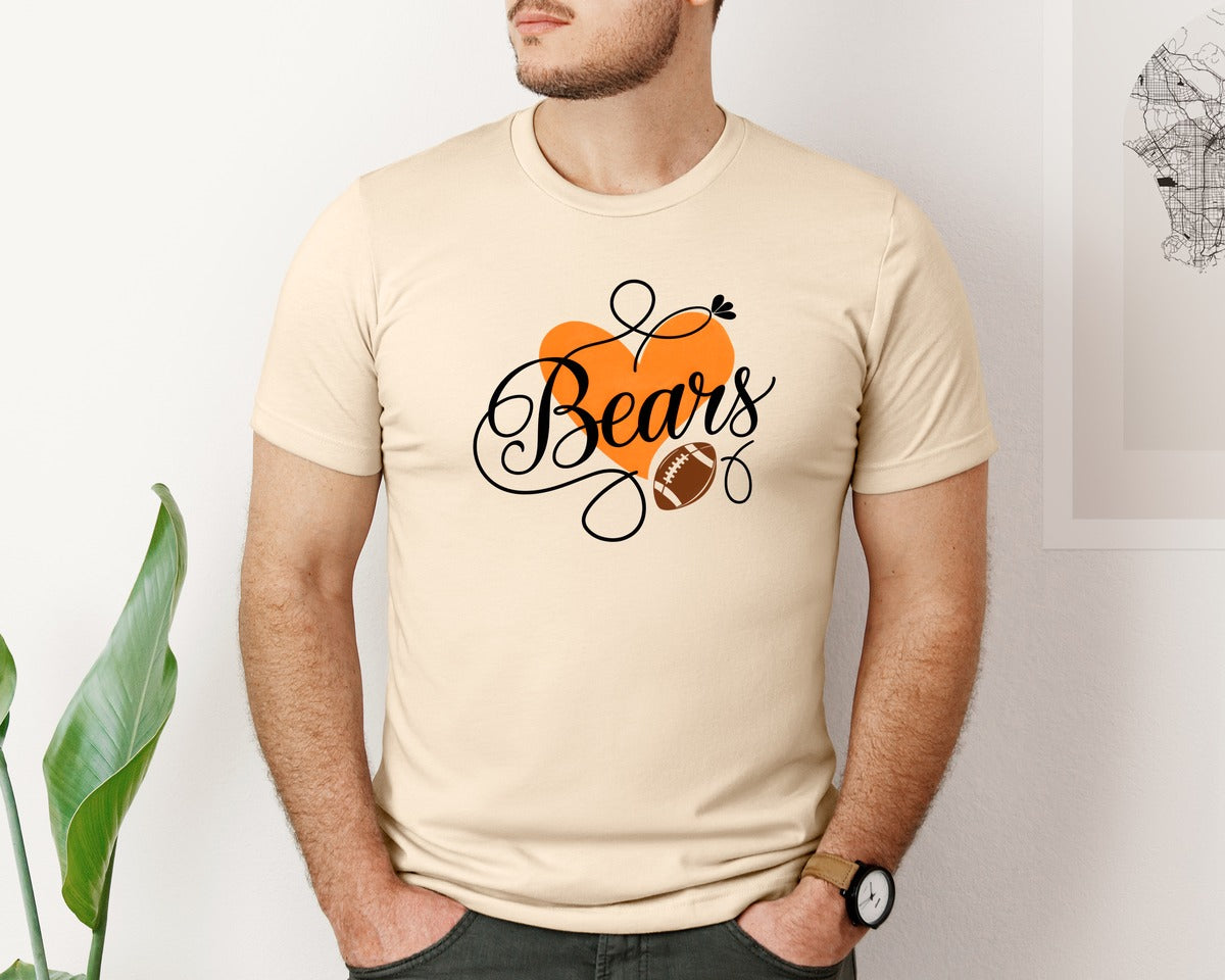 brand:Bella Canvas|color:Soft Cream|Bears Orange Heart Football Mascot Graphic T-Shirt